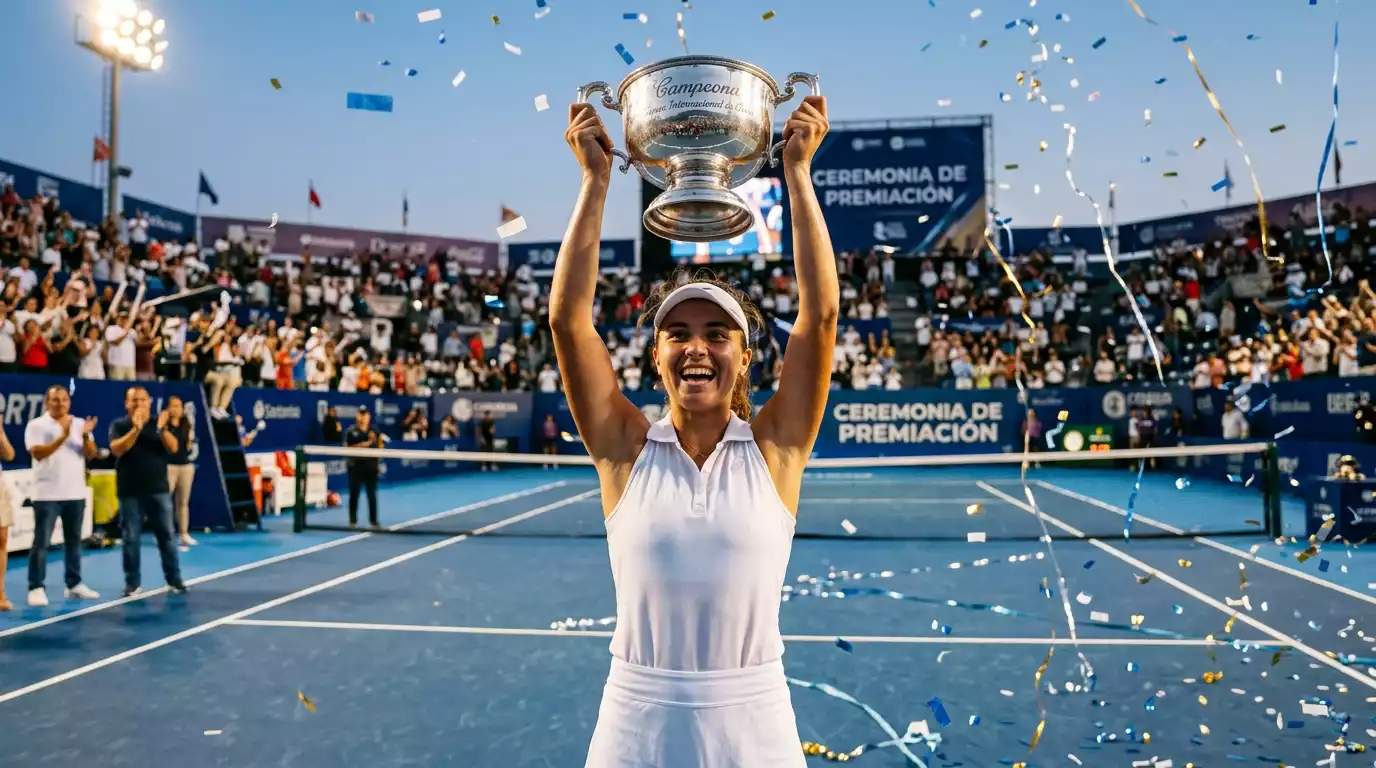Jugadora de tenis WTA levantando un trofeo en la ceremonia de premiación de un torneo