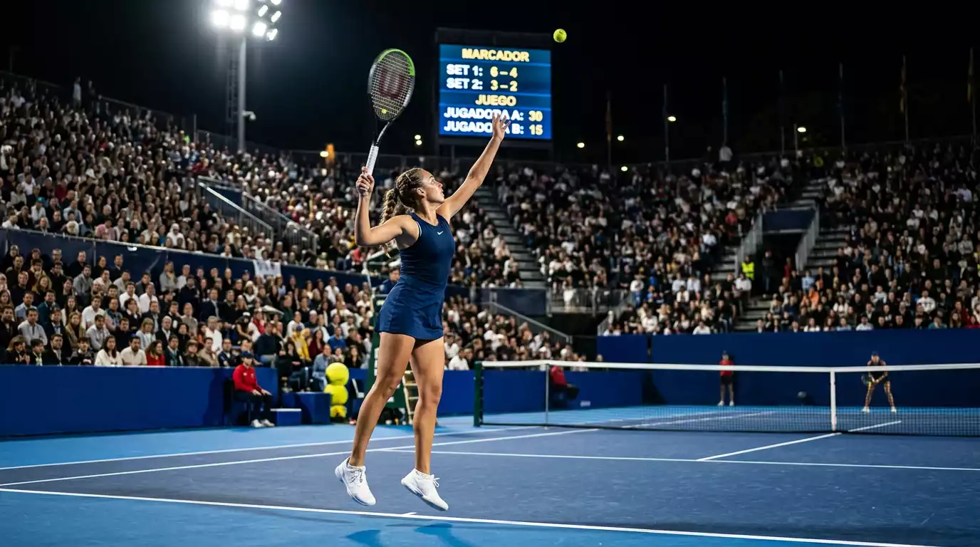 Jugadora de tenis WTA sirviendo durante un partido en vivo con marcador electrónico visible